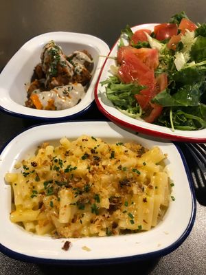 Mac n cheese, chicken with buffalo sauce, side salad at V Rev Vegan Diner in Manchester