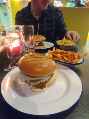 Valentine's meal - burger and chips at V Rev Vegan Diner in Manchester