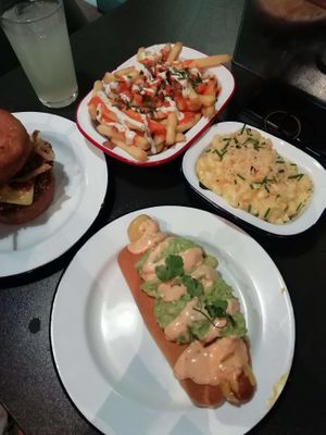 donut stop me now with loaded fries, avocado hot dog and mac n cheese at V Rev Vegan Diner in Manchester
