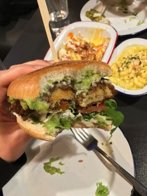 Vegan 'Fresh Avocado' burger, bacon burger, mac and cheese and loaded fries at V Rev Vegan Diner in Manchester