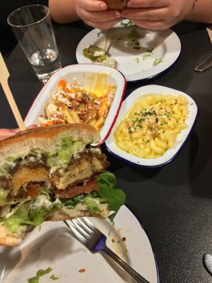 Vegan 'Fresh Avocado' burger, bacon burger, mac and cheese and loaded fries at V Rev Vegan Diner in Manchester