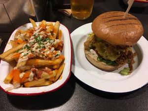 Kevin Bacon burger and southwest fries.  at V Rev Vegan Diner in Manchester