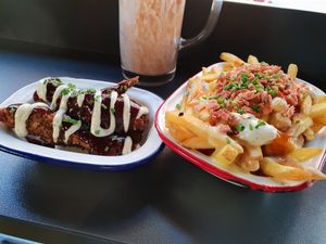 Bbq chicken tenders and buffalo fries at V Rev Vegan Diner in Manchester