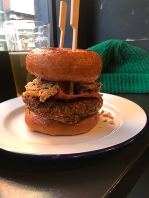 Donut ‘chicken’  burger  at V Rev Vegan Diner in Manchester