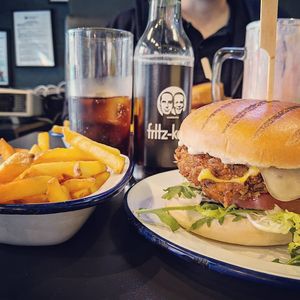 Chicken burger and fries. at V Rev Vegan Diner in Manchester