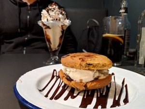 Ice cream cookies sandwich and ice cream sundae. at V Rev Vegan Diner in Manchester