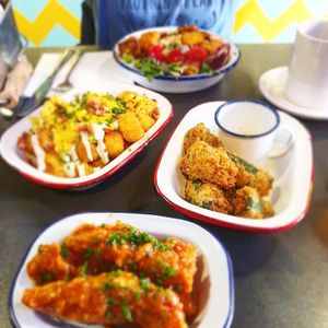 Hot wings, jalapeño peppers, taty tops and macncheese lunch  at V Rev Vegan Diner in Manchester