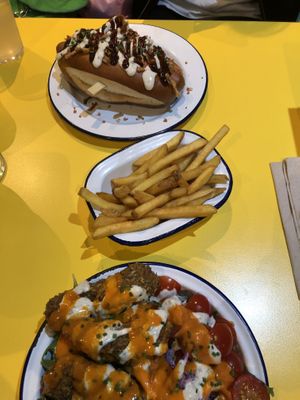 Ranch Deveraux hot dog, fries and buffalo salad   at V Rev Vegan Diner in Manchester