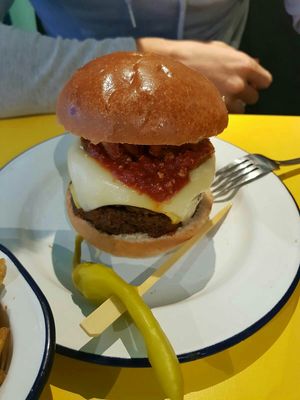 Pizza Burger at V Rev Vegan Diner in Manchester