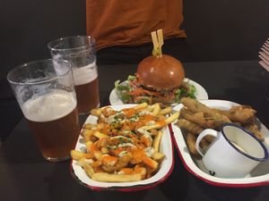 Buffalo fries, kebabadook with beyond burger patty and frickles  at V Rev Vegan Diner in Manchester