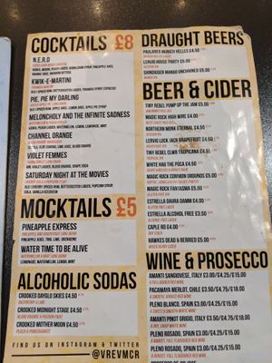 Drinks menu - alcohol and mocktails at V Rev Vegan Diner in Manchester