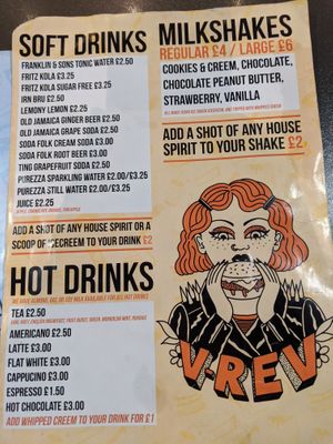 Drinks menu - including milkshakes at V Rev Vegan Diner in Manchester