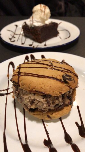 Cookie sandwich and brownie at V Rev Vegan Diner in Manchester