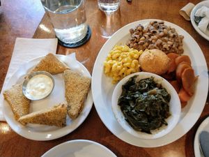 Soul Food sampler plus the tofu Cajun "catfish" at Detroit Vegan Soul - East in Detroit