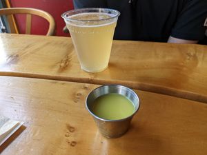 Ginger kombucha and fresh pressed ginger shot - both excellent! at Life Alive Organic Cafe in Salem