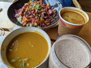 Thai bowl, butternut bisque, Elvis smoothie (peanut butter and coconut), golden mik at Life Alive Organic Cafe in Salem