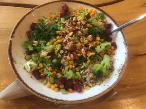 "Our Sesame Ginger Nama Sauce meets a colorful mix of corn, beets, broccoli, kale, shredded cheddar, tofu or sprouted legumes & tamari almonds over quinoa & brown rice" at Life Alive Organic Cafe in Salem