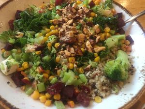 "Our Sesame Ginger Nama Sauce meets a colorful mix of corn, beets, broccoli, kale, shredded cheddar, tofu or sprouted legumes & tamari almonds over quinoa & brown rice" at Life Alive Organic Cafe in Salem
