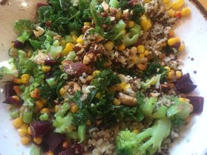 "Our Sesame Ginger Nama Sauce meets a colorful mix of corn, beets, broccoli, kale, shredded cheddar, tofu or sprouted legumes & tamari almonds over quinoa & brown rice" at Life Alive Organic Cafe in Salem