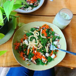 Fool bowl and matcha latte  at Life Alive Organic Cafe in Salem