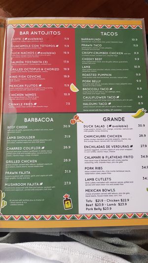 Menu at Mexican Society in Adelaide