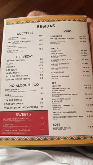 Menu at Mexican Society in Adelaide