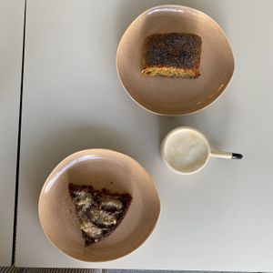 Borek & tahini cake & coffee with almond milk   at theno  in Denizli