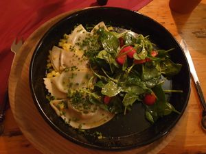 Tyrolean Schlipfkrapferl (similar to ravioli), filled with potato mash and spinach at Ritterkuchl in Hall In Tirol