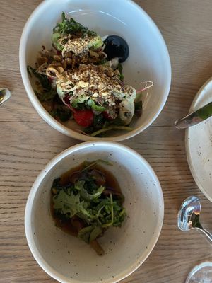Top: crushed radishes with fried shallots; Bottom: cooked radish tops in a sauce. I can’t remember all of the wonderful ingredients that created the flavors but this was my fav!  at The Acorn in Vancouver