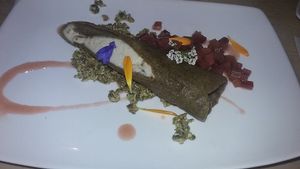 Rhubarb Crepe, Vanilla Cashew Cream, Pistachio Crumble, Confit Rhubarb, Rhubarb Syrup * at The Acorn in Vancouver