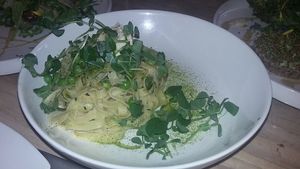 Spring Pea Tagliatelle, Pickled Ramps, Preserved Meyer Lemon Almond Ricotta, Wild Celery at The Acorn in Vancouver