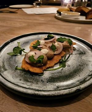 Mushroom Patrick on a Lentil Cracker at The Acorn in Vancouver