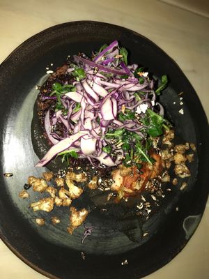 kimchi with rice and mushroom at The Acorn in Vancouver