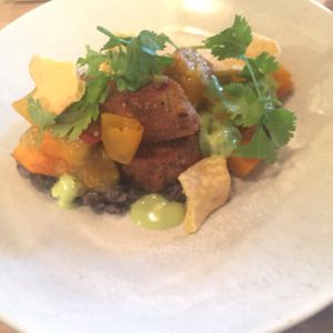 Brunch (squash), November 2019. Cornbread, beans, Japanese squash. at The Acorn in Vancouver