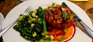 Stuffed pepper (sweet potato and vegan feta cheese) with vegetables at The Fromeway in Radstock