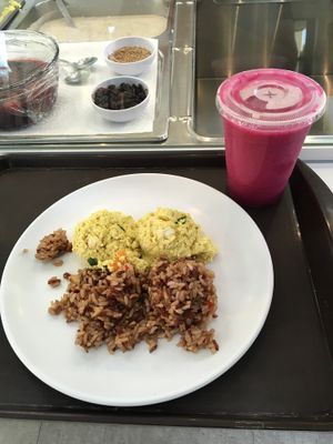 Scrambled tofu, fried rice, and fruit smoothie breakfast - mmm! at Heavenly Veggies in Guam