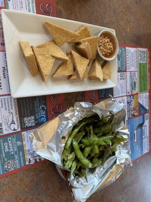 Crispy tofu triangles & chili garlic edamame   at Thai and I in Bunnell