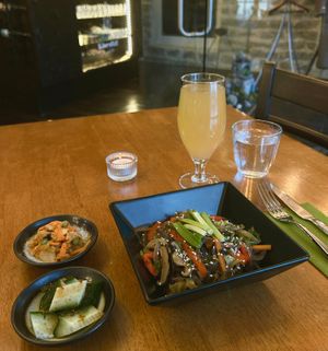 Japchae
Korea
Dangmyeon Noodles with Vegetables, Home-made Baechu-Kimchi and Oi-Kimchi at Klorofüll in Tallinn