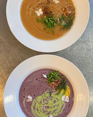 Gazpacho (top) Red cabbage soup (bottom) at Klorofüll in Tallinn