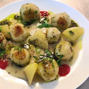 Potato gnocchi, pickled rubharb, rubharb and coconut cream sauce at Klorofüll in Tallinn