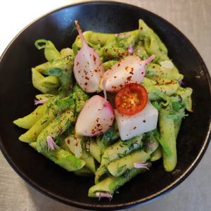 Radish leaf pasta with stewed radishes, Zero waste dish at Klorofüll in Tallinn