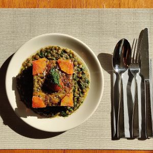 Lentil stew with wild spinach cornbread at Klorofüll in Tallinn