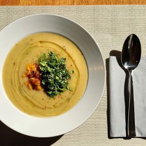 Roasted pineapple soup with mango, passion fruit and gochugaru relish at Klorofüll in Tallinn