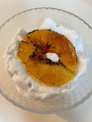 Orange with creme brulee crust, on coconut bed  at Klorofüll in Tallinn