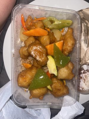 sweet and sour pork with fried rice  at Vegelicious in Cheltenham