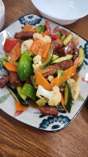 Seasonal vegetables with 'pork' belly at Vegelicious in Cheltenham