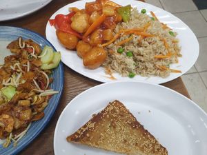 Char Kuey Teow $14.90, Sweet & Sour Pork w/fried rice $14.90, Sesame Prawn $5.00 at Vegelicious in Cheltenham