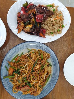 Black pepper beef w/fried rice $14.90, Mee goreng $14.90 at Vegelicious in Cheltenham