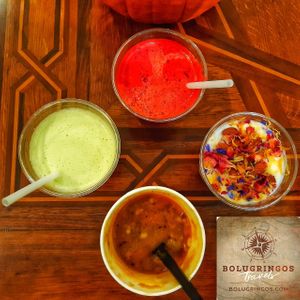 Soup of the day, fruit juices and Yogurt with flowers😍 at Zazie - Via D'Azeglio in Bologna