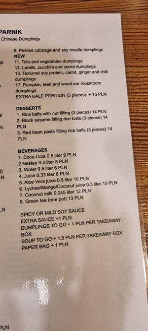 Vegan dumpling options as at 12th September 2025 at Parnik Chmielna in Warsaw